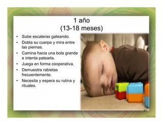 1 año
(13-18 meses)
•  Sube escaleras gateando.
•  Dobla su cuerpo y mira entre
las piernas.
•  Camina hacia una bola grande
e intenta patearla.
•  Juega en forma cooperativa.
•  Demuestra rabietas
frecuentemente.
•  Necesita y espera su rutina y
rituales.
31
 