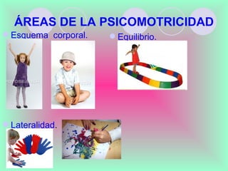 ÁREAS DE LA PSICOMOTRICIDAD
 Esquema corporal.    Equilibrio.




 Lateralidad.
 