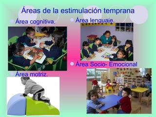 Áreas de la estimulación temprana
 Área cognitiva.    Área lenguaje.




                     Área Socio- Emocional
 Área motriz.
 