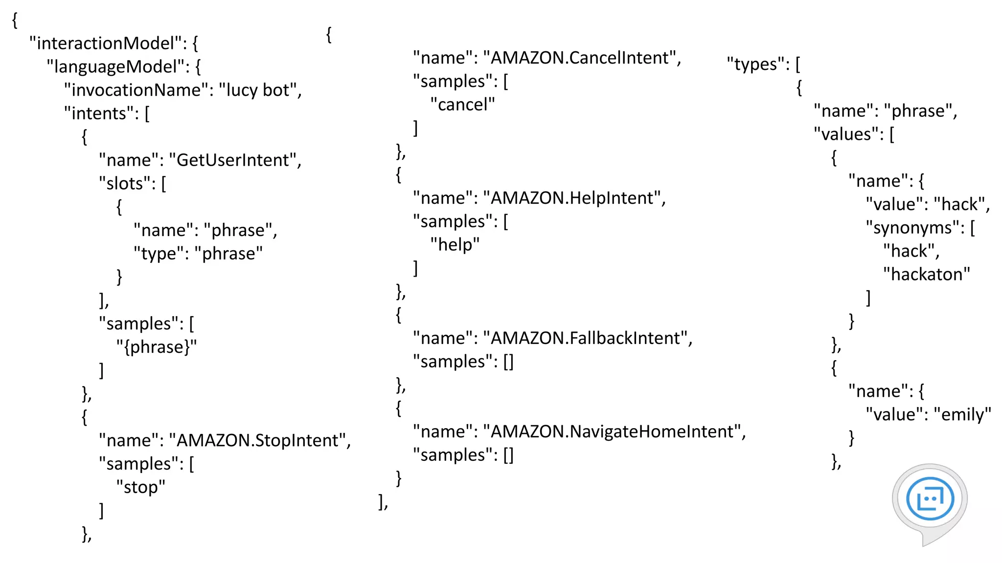 13
{
"interactionModel": {
"languageModel": {
"invocationName": "lucy bot",
"intents": [
{
"name": "GetUserIntent",
"slots": [
{
"name": "phrase",
"type": "phrase"
}
],
"samples": [
"{phrase}"
]
},
{
"name": "AMAZON.StopIntent",
"samples": [
"stop"
]
},
{
"name": "AMAZON.CancelIntent",
"samples": [
"cancel"
]
},
{
"name": "AMAZON.HelpIntent",
"samples": [
"help"
]
},
{
"name": "AMAZON.FallbackIntent",
"samples": []
},
{
"name": "AMAZON.NavigateHomeIntent",
"samples": []
}
],
"types": [
{
"name": "phrase",
"values": [
{
"name": {
"value": "hack",
"synonyms": [
"hack",
"hackaton"
]
}
},
{
"name": {
"value": "emily"
}
},
 