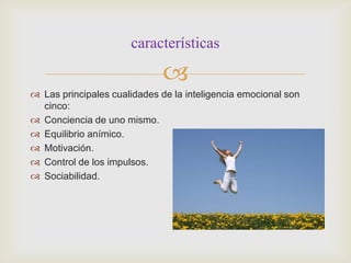 características

                             
 Las principales cualidades de la inteligencia emocional son
  cinco:
 Conciencia de uno mismo.
 Equilibrio anímico.
 Motivación.
 Control de los impulsos.
 Sociabilidad.
 
