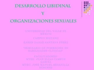 DESARROLLO LIBIDINAL
Y
ORGANIZACIONES SEXUALES
UNIVERSIDAD DEL VALLE DE
MÉXICO
CAMPUS HISPANO
KAREN DANAE SANTANA PÉREZ
“SEMINARIO DE FORMACIÓN EN
HABILIDADES CLÍNICAS”
FACILITADORES:
MTRO. JUAN ELÍAS CAMPOS
GARCÍA
MTRO. JOSÉ MANUEL BEZANILLA
SÁNCHEZ
 