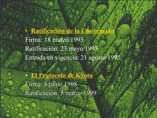 Ratifica ción de la C onven ció n Firma : 18 mar zo  1993 R atifica ció n: 23 may o  1995 Entr ada en vigencia : 21 ag o st o  1995 El  Protocol o de  Kyoto Firma : 8 jun io  1998 R atifica ció n: 5 mar zo  1999 