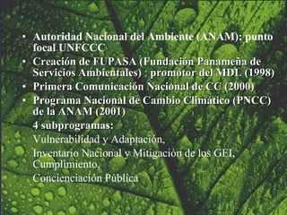 Autoridad Nacional del Ambiente (ANAM): punto focal UNFCCC Creación de FUPASA (Fundación Panameña de Servicios Ambientales)  :  promotor del MDL (1998) Primera Comunicación Nacional de CC (2000) Programa Nacional de Cambio Climático (PNCC) de la ANAM (2001) 4 subprogramas:  V ulnerabilidad y Adaptación,  Inventario Nacional y Mitigación de los GEI, Cumplimiento,  C oncienciación Pública 
