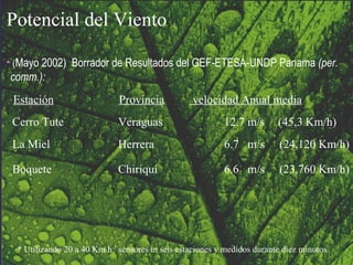 Potencial del Viento ( Mayo 2002)  Borrador de Resultados del GEF-ETESA-UNDP Panama  (per. comm.): Estación Provincia  velocidad Anual media Cerro Tute Veraguas 12.7 m / s  (45,3 Km / h)   La Miel Herrera 6.7  m / s  (24,120 Km / h) Boquete Chiriquí 6.6  m / s  (23,760 Km / h) * Utilizando 20 a 40 Km h -1  sensores in seis estaciones y medidos durante diez minutos 