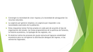  Convergen la necesidad de crear riqueza y la necesidad de salvaguardar los
recursos naturales.
 La urgencia por generar empleos y la urgencia por responder a las
necesidades esenciales de la población.
 Estas respuestas toman formas propias en cada país de acuerdo al tipo de
organización del estado, las líneas programáticas de la políticas de fomento,
la historia económica, la tipología de las regiones, etc.
 En América Latina los procesos de ajuste estructural lograron estabilidad
económica pero no corrigieron la distribución desigual del ingreso, ni las
asimetrías regionales.
 