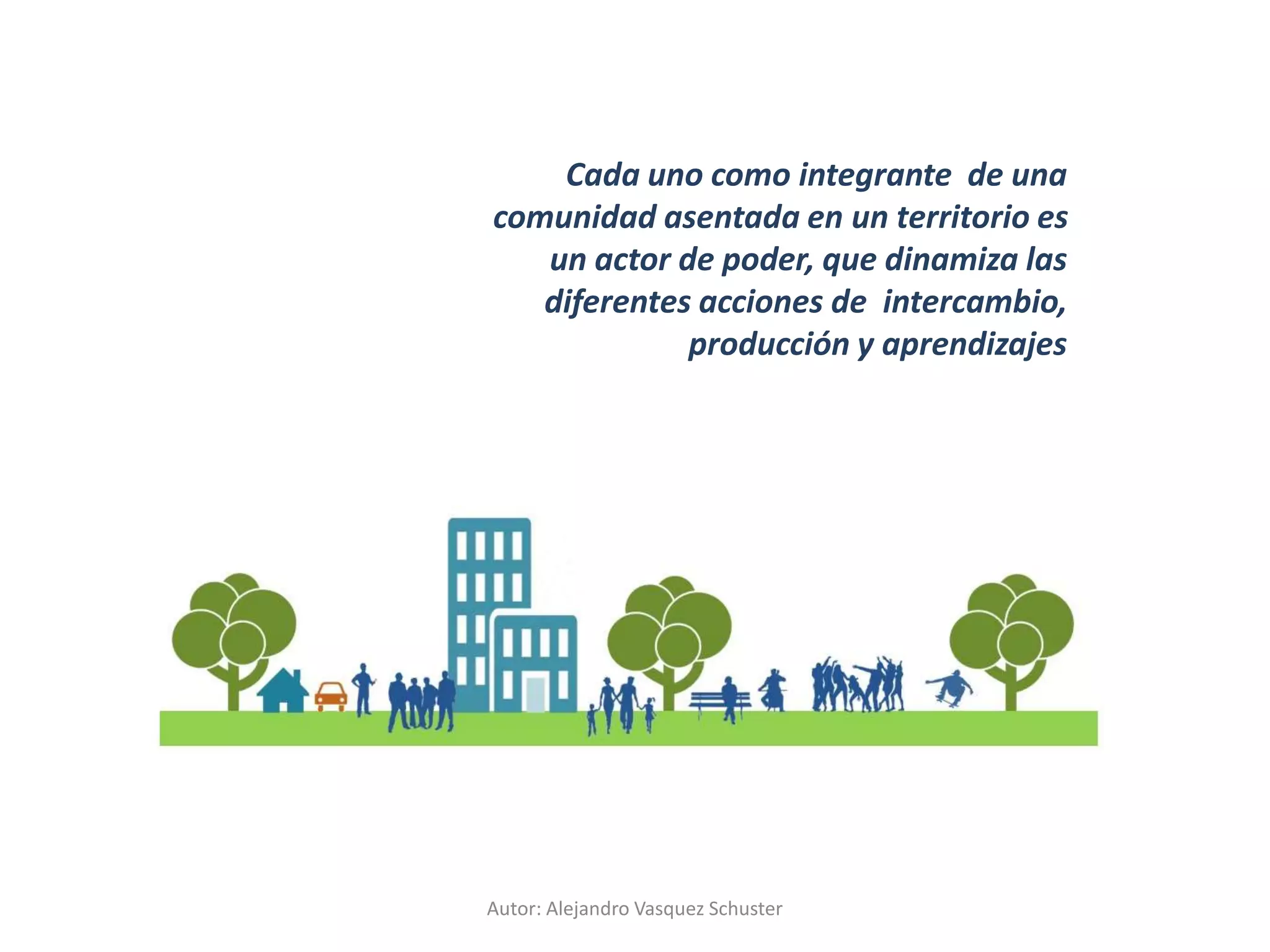 Autor: Alejandro Vasquez Schuster
Cada uno como integrante de una
comunidad asentada en un territorio es
un actor de poder, que dinamiza las
diferentes acciones de intercambio,
producción y aprendizajes
 