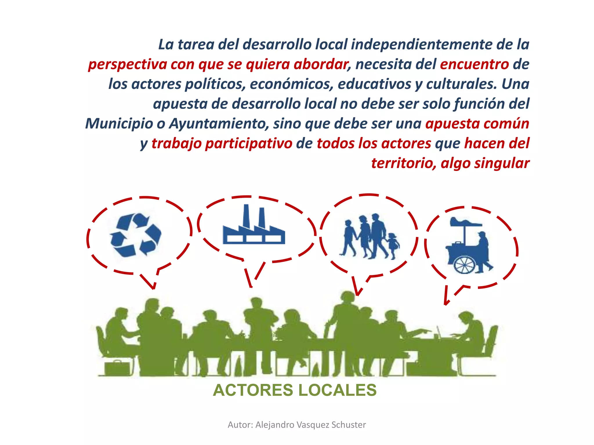 Autor: Alejandro Vasquez Schuster
La tarea del desarrollo local independientemente de la
perspectiva con que se quiera abordar, necesita del encuentro de
los actores políticos, económicos, educativos y culturales. Una
apuesta de desarrollo local no debe ser solo función del
Municipio o Ayuntamiento, sino que debe ser una apuesta común
y trabajo participativo de todos los actores que hacen del
territorio, algo singular
ACTORES LOCALES
 