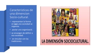 Caracteristicas de
una dimencion
Socio-cultural.
• -representan la forma
en que una sociedad se
organiza.
• pactar una organizació.
• se encargan de definir a
esa sociedad.
• se vinculan con las
tradiciones.
 