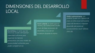 DIMENSIONES DEL DESARROLLO
LOCAL
Económica, en tanto que las
empresas locales demuestran
capacidad suficiente para
organizar los factores
productivos con unos niveles de
productividad suficientes para
poder competir en los
Socio-cultural, en tanto que los
valores y las instituciones locales
sirven de base al proceso de
desarrollo y a su vez se
fortalecen durante el mismo.
Político administrativa, son
poderes locales son capaces de
crear un clima local estimulante,
capaz de favorecer e impulsar
desarrollo del potencial
socioeconómico local” (Delnet,
2005:28)
 