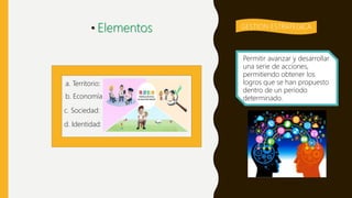 • Elementos
.Permitir avanzar y desarrollar
una serie de acciones,
permitiendo obtener los
logros que se han propuesto
dentro de un periodo
determinado.
GESTION ESTRATEGICA
a. Territorio:
b. Economía:
c. Sociedad:
d. Identidad:
 