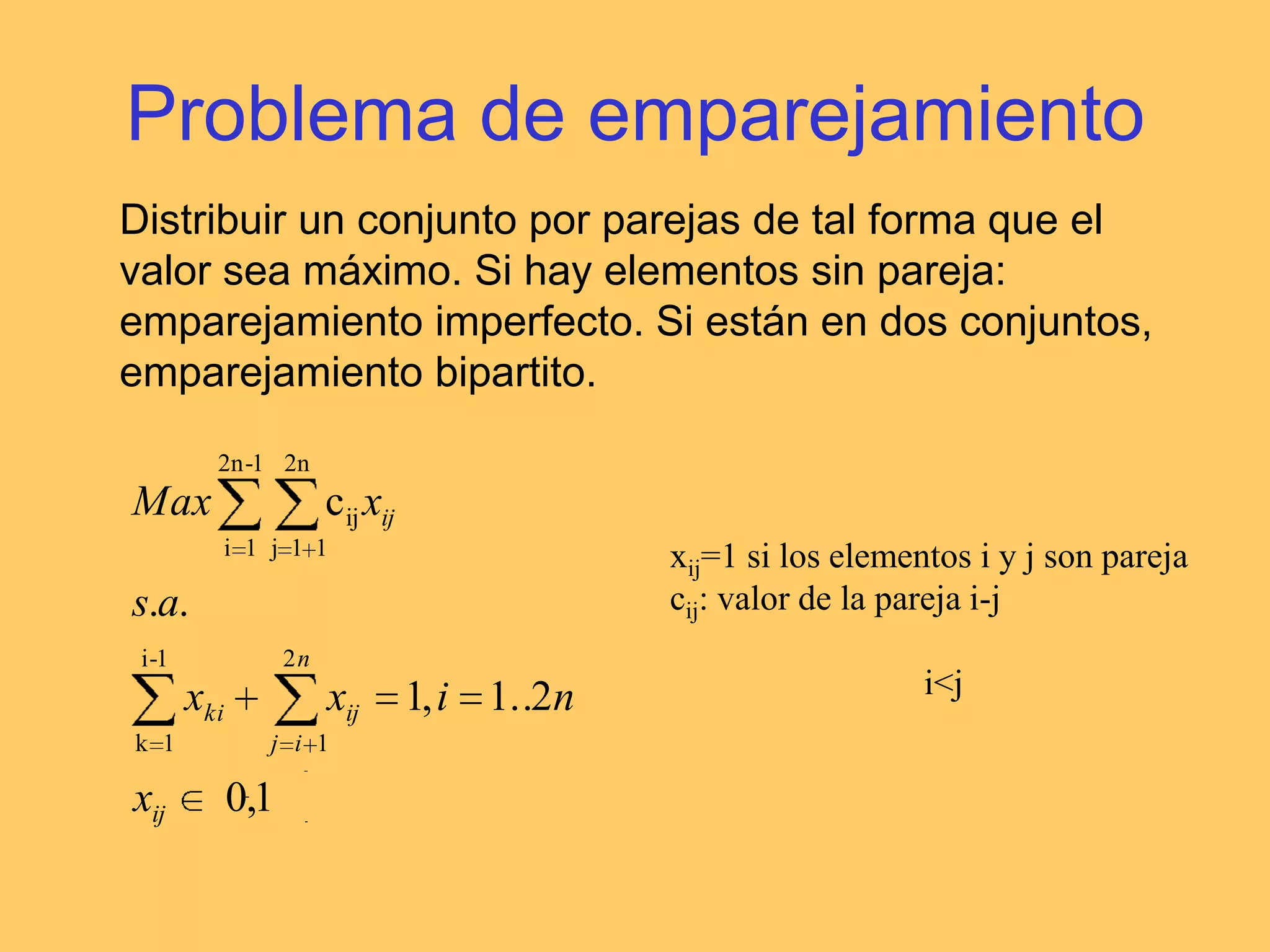Problema del transporteMinimizar el coste total de transporte entre los centros de origen y los de destino, satisfaciendo la demanda, y sin superar la ofertaxij: unidades a enviar de origen i a destino jcij: coste unitario de transporte de i a jai: unidades de oferta en el punto origen ibj: unidades de demanda en el punto destino jSe supone oferta total igual a demanda total