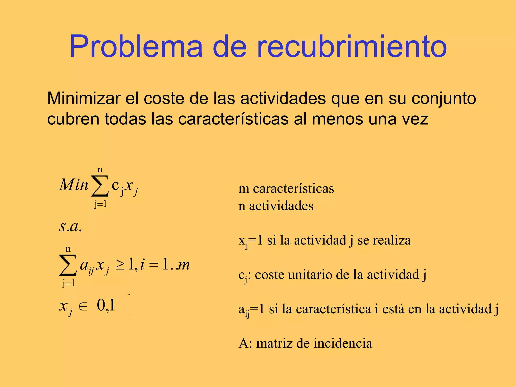 Flujo con coste mínimo en redEmbarcar los recursos disponibles a través de la redpara satisfacer la demanda a coste mínimoxij: unidades enviadas de i a j (flujo)cij: coste unitario de transporte de i a jbi:recursos disponibles en un nodo i	oferta: bi>0	demanda: bi<0	transbordo: bi=0Se supone oferta total igual a demanda total