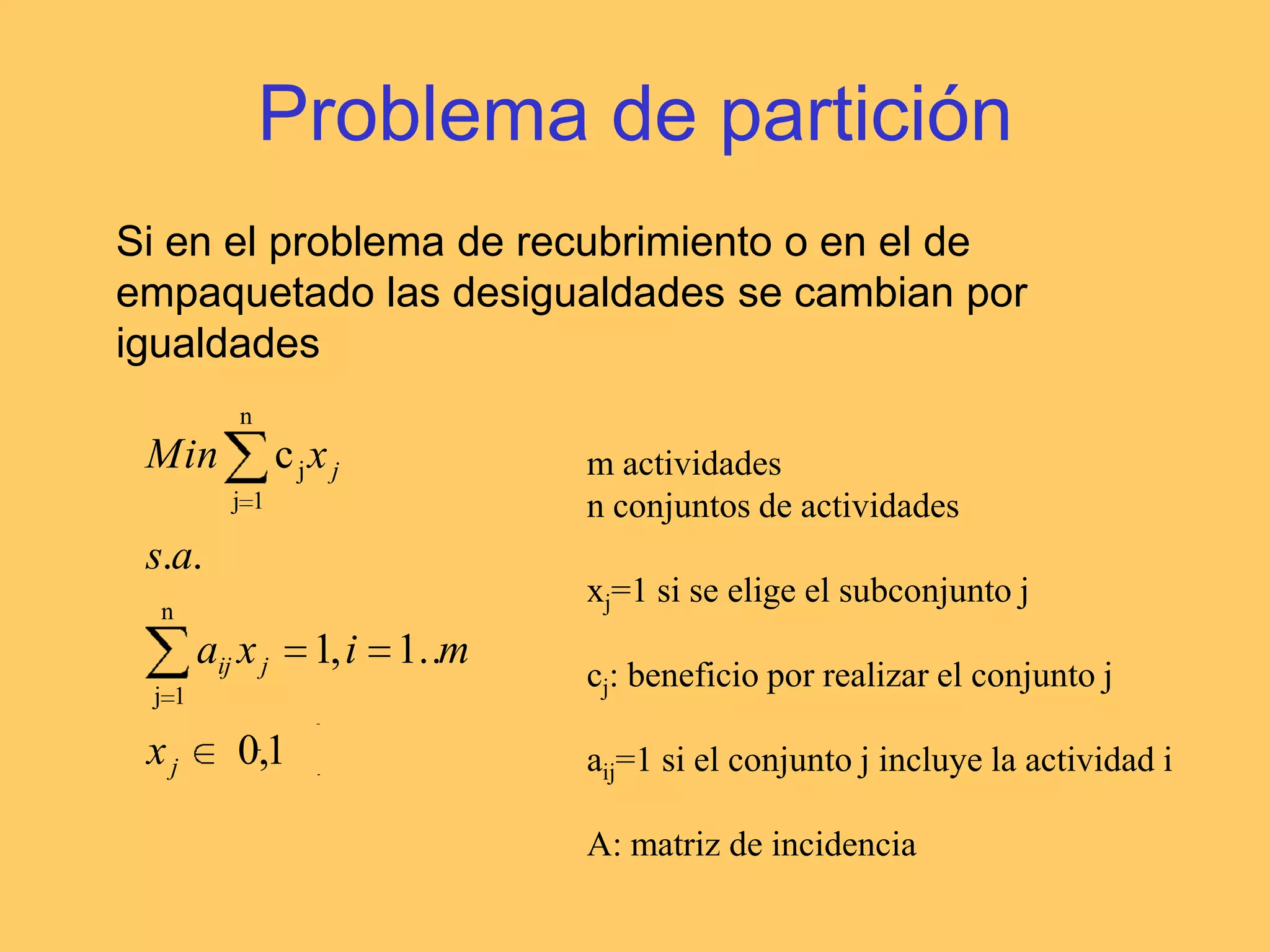 Problema de la mochilaEscoger un grupo de productos que maximice el valortotal sin exceder el espacio disponiblen objetosaj: espacio que ocupa el objeto jcj: valor del objeto jb: volumen de la mochilaxj: 1 si se escoge el objeto j