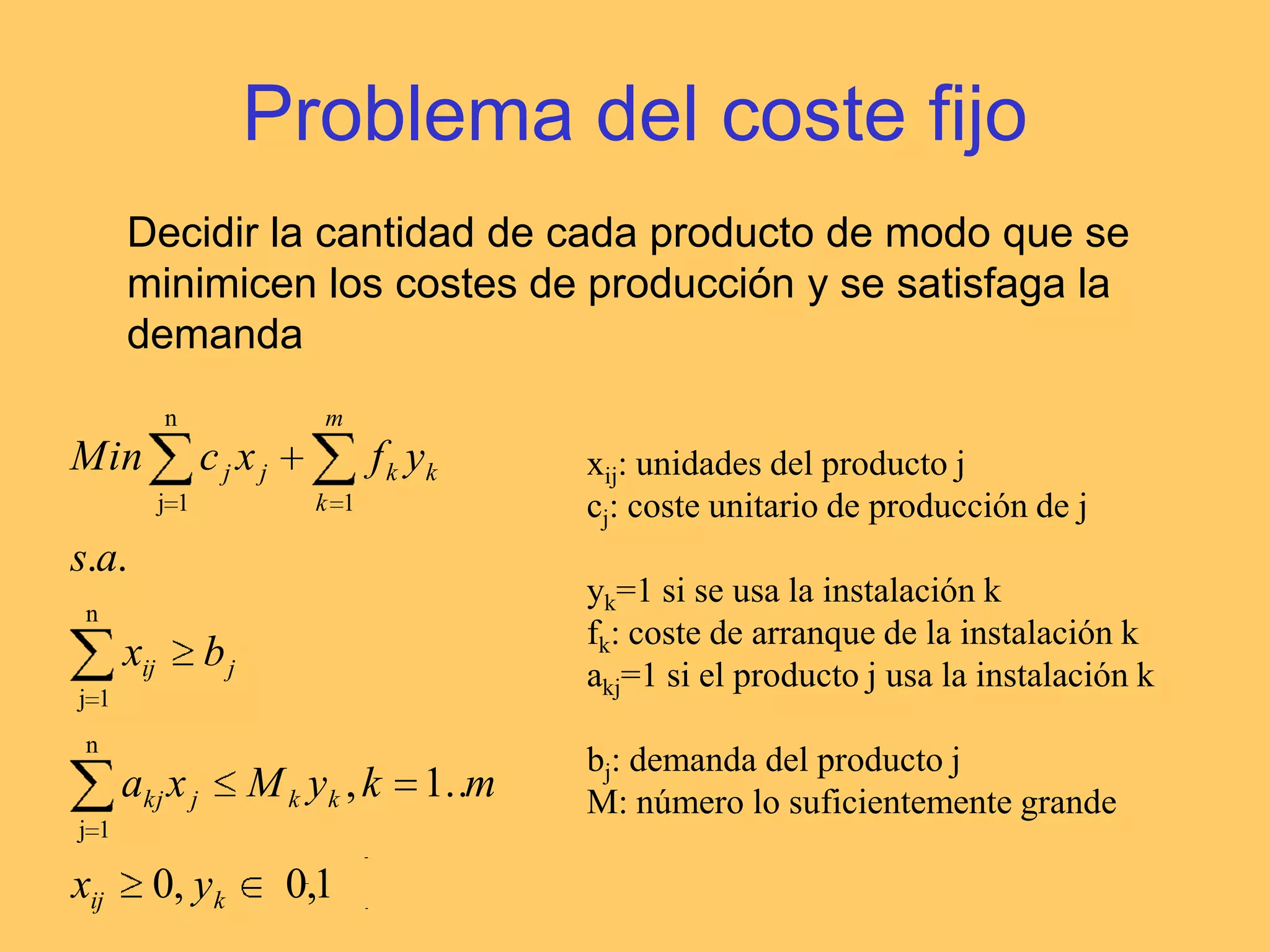 Problema de emparejamientoDistribuir un conjunto por parejas de tal forma que el valor sea máximo. Si hay elementos sin pareja: emparejamiento imperfecto. Si están en dos conjuntos, emparejamiento bipartito.xij=1 si los elementos i y j son parejacij: valor de la pareja i-j		i<j