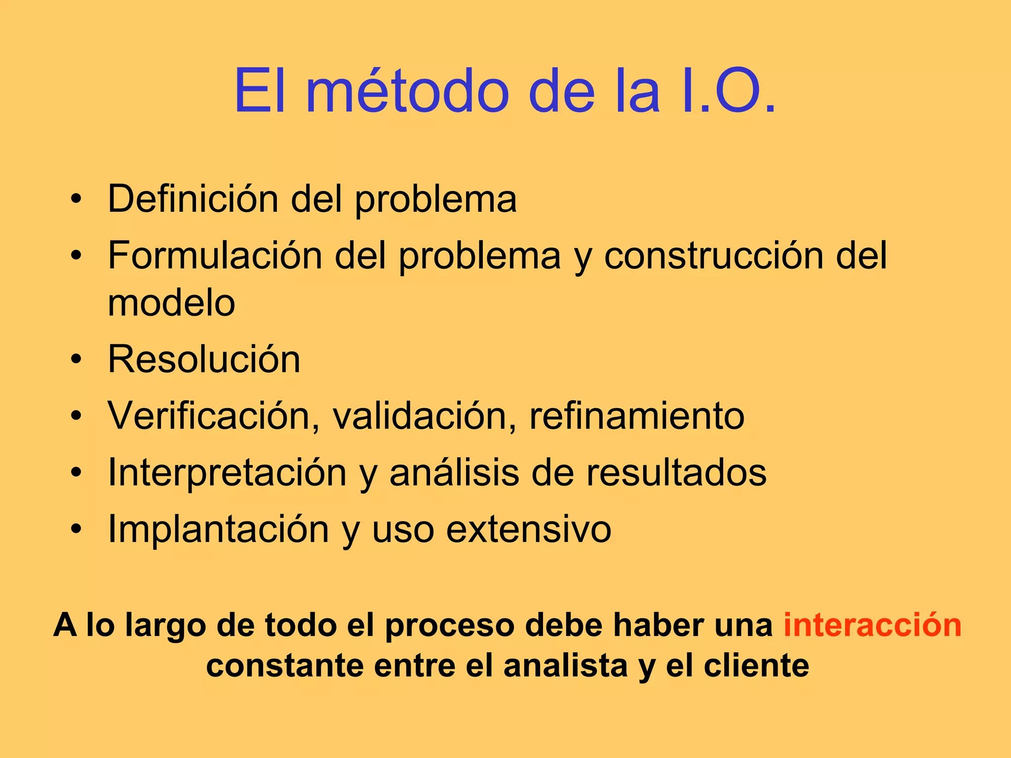 El método de la I.O.Definición del problemaFormulación del problema y construcción del modeloResoluciónVerificación, validación, refinamientoInterpretación y análisis de resultadosImplantación y uso extensivoA lo largo de todo el proceso debe haber una interacciónconstante entre el analista y el cliente