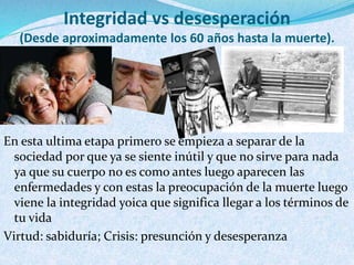 Integridad vs desesperación 
(Desde aproximadamente los 60 años hasta la muerte). 
En esta ultima etapa primero se empieza a separar de la 
sociedad por que ya se siente inútil y que no sirve para nada 
ya que su cuerpo no es como antes luego aparecen las 
enfermedades y con estas la preocupación de la muerte luego 
viene la integridad yoica que significa llegar a los términos de 
tu vida 
Virtud: sabiduría; Crisis: presunción y desesperanza 
 