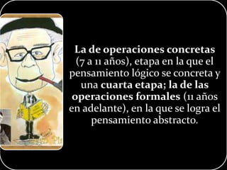 La de operaciones concretas
(7 a 11 años), etapa en la que el
pensamiento lógico se concreta y
una cuarta etapa; la de las
operaciones formales (11 años
en adelante), en la que se logra el
pensamiento abstracto.
 