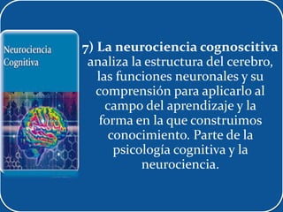 7) La neurociencia cognoscitiva
analiza la estructura del cerebro,
las funciones neuronales y su
comprensión para aplicarlo al
campo del aprendizaje y la
forma en la que construimos
conocimiento. Parte de la
psicología cognitiva y la
neurociencia.
 