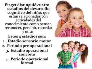 Piaget distinguió cuatro
estadios del desarrollo
cognitivo del niño, que
están relacionados con
actividades del
conocimiento como pensar,
reconocer, percibir, recordar
y otras.
Estos 4 estadios son:
1. Estadio sensorio motor
2. Periodo pre operacional
3. Estadio operacional
concreto
4. Periodo operacional
formal
 
