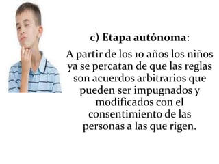 c) Etapa autónoma:
A partir de los 10 años los niños
ya se percatan de que las reglas
son acuerdos arbitrarios que
pueden ser impugnados y
modificados con el
consentimiento de las
personas a las que rigen.
 