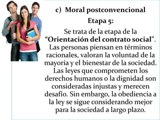 c) Moral postconvencional
Etapa 5:
Se trata de la etapa de la
“Orientación del contrato social".
Las personas piensan en términos
racionales, valoran la voluntad de la
mayoría y el bienestar de la sociedad.
Las leyes que comprometen los
derechos humanos o la dignidad son
consideradas injustas y merecen
desafío. Sin embargo, la obediencia a
la ley se sigue considerando mejor
para la sociedad a largo plazo.
 