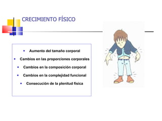 CRECIMIENTO FÍSICO Aumento del tamaño corporal Cambios en las proporciones corporales Cambios en la composición corporal Cambios en la complejidad funcional Consecución de la plenitud física 