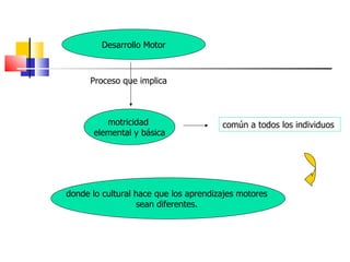 común a todos los individuos Desarrollo Motor Proceso que implica  motricidad  elemental y básica donde lo cultural hace que los aprendizajes motores  sean diferentes.  