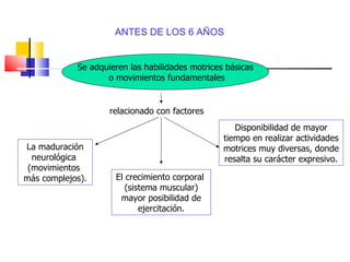 Disponibilidad de mayor tiempo en realizar actividades motrices muy diversas, donde resalta su carácter expresivo. ANTES DE LOS 6 AÑOS  Se adquieren las habilidades motrices básicas o movimientos fundamentales relacionado con factores La maduración neurológica  (movimientos  más complejos). El crecimiento corporal  (sistema muscular) mayor posibilidad de ejercitación. 