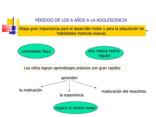 aprenden PERÍODO DE LOS 6 AÑOS A LA ADOLESCENCIA Etapa gran importancia para el desarrollo motor y para la adquisición de habilidades motrices nuevas. crecimiento físico una mejora motriz  regular Los niños logran aprendizajes práxicos con gran rapidez la motivación la experiencia maduración del neocórtex mejora el control motor 