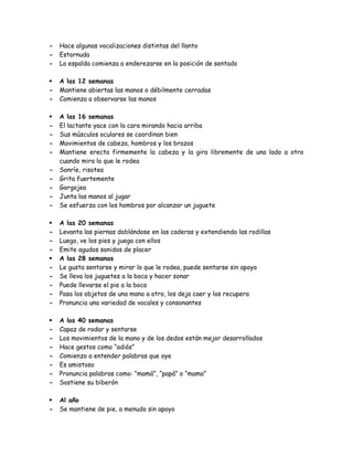 - Hace algunas vocalizaciones distintas del llanto
- Estornuda
- La espalda comienza a enderezarse en la posición de sentado
 A las 12 semanas
- Mantiene abiertas las manos o débilmente cerradas
- Comienza a observarse las manos
 A las 16 semanas
- El lactante yace con la cara mirando hacia arriba
- Sus músculos oculares se coordinan bien
- Movimientos de cabeza, hombros y los brazos
- Mantiene erecta firmemente la cabeza y la gira libremente de una lado a otro
cuando mira lo que le rodea
- Sonríe, risotea
- Grita fuertemente
- Gorgojea
- Junta las manos al jugar
- Se esfuerza con los hombros por alcanzar un juguete
 A las 20 semanas
- Levanta las piernas doblándose en las caderas y extendiendo las rodillas
- Luego, ve los pies y juega con ellos
- Emite agudos sonidos de placer
 A las 28 semanas
- Le gusta sentarse y mirar lo que le rodea, puede sentarse sin apoyo
- Se lleva los juguetes a la boca y hacer sonar
- Puede llevarse el pie a la boca
- Pasa los objetos de una mano a otro, los deja caer y los recupera
- Pronuncia una variedad de vocales y consonantes
 A los 40 semanas
- Capaz de rodar y sentarse
- Los movimientos de la mano y de los dedos están mejor desarrollados
- Hace gestos como “adiós”
- Comienzo a entender palabras que oye
- Es amistoso
- Pronuncia palabras como: “mamá”, “papá” o “mama”
- Sostiene su biberón
 Al año
- Se mantiene de pie, a menudo sin apoyo
 