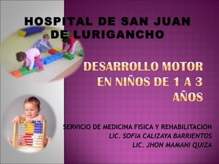 HOSPITAL DE SAN JUAN
   DE LURIGANCHO




    SERVICIO DE MEDICINA FISICA Y REHABILITACION
                 LIC. SOFIA CALIZAYA BARRIENTOS
                        LIC. JHON MAMANI QUIZA
 