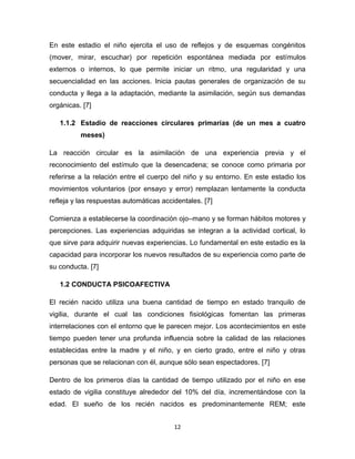 12
En este estadio el niño ejercita el uso de reflejos y de esquemas congénitos
(mover, mirar, escuchar) por repetición espontánea mediada por estímulos
externos o internos, lo que permite iniciar un ritmo, una regularidad y una
secuencialidad en las acciones. Inicia pautas generales de organización de su
conducta y llega a la adaptación, mediante la asimilación, según sus demandas
orgánicas. [7]
1.1.2 Estadio de reacciones circulares primarias (de un mes a cuatro
meses)
La reacción circular es la asimilación de una experiencia previa y el
reconocimiento del estímulo que la desencadena; se conoce como primaria por
referirse a la relación entre el cuerpo del niño y su entorno. En este estadio los
movimientos voluntarios (por ensayo y error) remplazan lentamente la conducta
refleja y las respuestas automáticas accidentales. [7]
Comienza a establecerse la coordinación ojo–mano y se forman hábitos motores y
percepciones. Las experiencias adquiridas se integran a la actividad cortical, lo
que sirve para adquirir nuevas experiencias. Lo fundamental en este estadio es la
capacidad para incorporar los nuevos resultados de su experiencia como parte de
su conducta. [7]
1.2 CONDUCTA PSICOAFECTIVA
El recién nacido utiliza una buena cantidad de tiempo en estado tranquilo de
vigilia, durante el cual las condiciones fisiológicas fomentan las primeras
interrelaciones con el entorno que le parecen mejor. Los acontecimientos en este
tiempo pueden tener una profunda influencia sobre la calidad de las relaciones
establecidas entre la madre y el niño, y en cierto grado, entre el niño y otras
personas que se relacionan con él, aunque sólo sean espectadores. [7]
Dentro de los primeros días la cantidad de tiempo utilizado por el niño en ese
estado de vigilia constituye alrededor del 10% del día, incrementándose con la
edad. El sueño de los recién nacidos es predominantemente REM; este
 