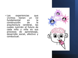 • Las experiencias que
vivimos tienen un rol
fundamental en la
construcción de la
arquitectura cerebral, las
cuales nutrirán el futuro de
cada niño y niña en sus
procesos de aprendizaje,
desarrollo social, afectivo y
conductual.
 