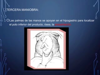  TERCERA MANIOBRA:
Las palmas de las manos se apoyan en el hipogastrio para localizar
el polo inferior del producto, ósea, la presentación.
 