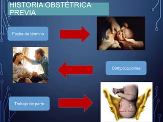 HISTORIA OBSTÉTRICA
PREVIA
Trabajo de parto
Complicaciones
Fecha de término
 