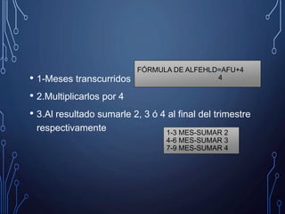 FÓRMULA DE ALFEHLD=AFU+4
4• 1-Meses transcurridos
• 2.Multiplicarlos por 4
• 3.Al resultado sumarle 2, 3 ó 4 al final del trimestre
respectivamente 1-3 MES-SUMAR 2
4-6 MES-SUMAR 3
7-9 MES-SUMAR 4
 