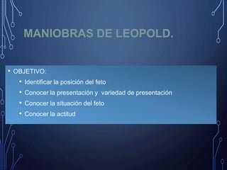 MANIOBRAS DE LEOPOLD.
• OBJETIVO:
• Identificar la posición del feto
• Conocer la presentación y variedad de presentación
• Conocer la situación del feto
• Conocer la actitud
 