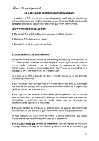 Desarrollo organizacional
              3.2 MODELOS DE DESARROLLO ORGANIZACIONAL

Los modelos de D.O. que introducen simultáneamente modificaciones estructurales
y de comportamiento son modelos integrados y más complejos. Cada uno desarrolla
conceptos, estrategias, secuencias y esquemas que varían enormemente.

LOS PRINCIPALES MODELOS SON:

1. Managerial Grid o D.O. del tipo grid, propuesto por Blake y Mouton.

2. Modelo de D.O. de Lawrence y Lorsh.

3. Modelo 3-D de eficacia gerencial, de Redin.




3.2.1- MANAGERIAL GRID O TIPO GRID

Blake y Mouton fueron los pioneros de una tecnología integrada y preprogramada de
D.O. Estos autores parten del supuesto de que el cambio organizacional comienza
con el cambio individual y que los problemas de procesos en los niveles
interpersonales, grupales e intergrupales deben ocurrir antes de los cambios en la
estrategia y en el ambiente interno de la organización.

La tecnología de D.O. adoptada por Blake y Mouton descansa en tres premisas
sobre las organizaciones:

1. Los individuos y las organizaciones reducen las disonancias entre su autoimagen
y la realidad. Ese proceso inicia el cambio en el ambiente interno de la organización
(políticas, estructuras, sistemas, etc.)

2. Las organizaciones alcanzan "satisfacciones" por debajo de su potencial: tanto su
funcionamiento como su desempeño necesitan ser mejorados para que sean más
competitivas y coherentes con el mundo actual, que se caracteriza por
transformaciones aceleradas e incesantes;

3. Una gran cantidad de energía de las organizaciones se gasta en comportamientos
disfuncionales, lo cual provoca lo que se denomina cultural drag (carga cultural).

Se hace necesaria una nueva forma de cambio - el cambio sistemático - que ofrezca
nuevas alternativas de aprendizaje con base en la experiencia.

3.2.1.1-El excellence gap (brecha de excelencia): como la empresa es un sistema
complejo, debe analizarse en su totalidad y verificar cuál es su excellence gap


                                                                                  27
 