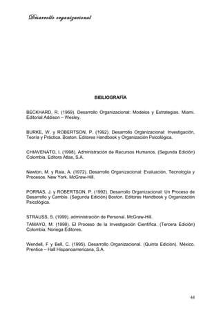 Desarrollo organizacional




                                 BIBLIOGRAFÍA


BECKHARD, R. (1969). Desarrollo Organizacional: Modelos y Estrategias. Miami.
Editorial Addison – Wesley.


BURKE, W. y ROBERTSON, P. (1992). Desarrollo Organizacional: Investigación,
Teoría y Práctica. Boston. Editores Handbook y Organización Psicológica.


CHIAVENATO, I. (1998). Administración de Recursos Humanos. (Segunda Edición)
Colombia. Editora Atlas, S.A.


Newton, M. y Raia, A. (1972). Desarrollo Organizacional: Evaluación, Tecnología y
Procesos. New York. McGraw-Hill.


PORRAS, J. y ROBERTSON, P. (1992). Desarrollo Organizacional: Un Proceso de
Desarrollo y Cambio. (Segunda Edición) Boston. Editores Handbook y Organización
Psicológica.


STRAUSS, S. (1999). administración de Personal. McGraw-Hill.
TAMAYO, M. (1998). El Proceso de la Investigación Científica. (Tercera Edición)
Colombia. Noriega Editores.


Wendell, F y Bell, C. (1995). Desarrollo Organizacional. (Quinta Edición). México.
Prentice – Hall Hispanoamericana, S.A.




                                                                               44
 