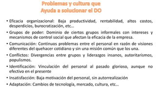 • Eficacia organizacional: Baja productividad, rentabilidad, altos costos,
desperdicios, burocratización, etc…
• Grupos de poder: Dominio de ciertos grupos informales con intereses y
mecanismos de control social que afectan la eficacia de la empresa.
• Comunicación: Continuos problemas entre el personal en razón de visiones
diferentes del quehacer cotidiano y sin una misión común que los una.
• Conflictos: Divergencias entre grupos y liderazgos insanos, autoritarismos,
populismos.
• Identificación: Vinculación del personal al pasado glorioso, aunque no
efectivo en el presente
• Insatisfacción: Baja motivación del personal, sin autorrealización
• Adaptación: Cambios de tecnología, mercado, cultura, etc…
 
