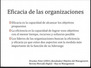 Eficacia de las organizaciones
0 Eficacia es la capacidad de alcanzar los objetivos
propuestos
0 La eficiencia es la capacidad de lograr esos objetivos
con el menor tiempo, recursos y esfuerzo posible
0 Los líderes de las organizaciones buscan la eficiencia
y eficacia ya que estos dos aspectos son la medida más
importante de la función de su liderazgo
Drucker, Peter (2001) ¡Resultados! Objetivo del Management.
Revista Mercado Digital – Hoy en Management
 