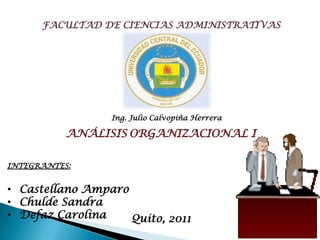 FACULTAD DE CIENCIAS ADMINISTRATIVAS




                 Ing. Julio Calvopiña Herrera

           ANÁLISIS ORGANIZACIONAL I

INTEGRANTES:


• Castellano Amparo
• Chulde Sandra
• Defaz Carolina    Quito, 2011
 