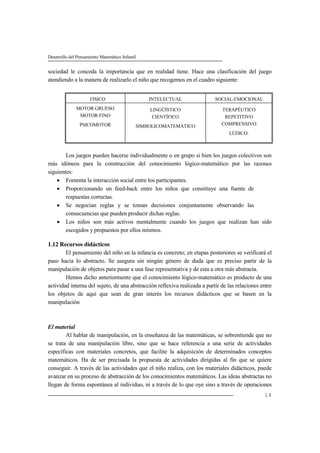 Desarrollo del Pensamiento Matemático Infantil
14
sociedad le conceda la importancia que en realidad tiene. Hace una clasificación del juego
atendiendo a la manera de realizarlo el niño que recogemos en el cuadro siguiente:
FISICO
MOTOR GRUESO
MOTOR FINO
PSICOMOTOR
INTELECTUAL
LINGÜÍSTICO
CIENTÍFICO
SIMBOLICOMATEMÁTICO
SOCIAL-EMOCIONAL
TERAPÉUTICO
REPETITIVO
COMPRENSIVO
LÚDICO.
Los juegos pueden hacerse individualmente o en grupo si bien los juegos colectivos son
más idóneos para la construcción del conocimiento lógico-matemático por las razones
siguientes:
 Fomenta la interacción social entre los participantes.
 Proporcionando un feed-back entre los niños que constituye una fuente de
respuestas correctas.
 Se negocian reglas y se toman decisiones conjuntamente observando las
consecuencias que pueden producir dichas reglas.
 Los niños son más activos mentalmente cuando los juegos que realizan han sido
escogidos y propuestos por ellos mismos.
1.12 Recursos didácticos
El pensamiento del niño en la infancia es concreto; en etapas posteriores se verificará el
paso hacia lo abstracto. Se asegura sin ningún género de duda que es preciso partir de la
manipulación de objetos para pasar a una fase representativa y de esta a otra más abstracta.
Hemos dicho anteriormente que el conocimiento lógico-matemático es producto de una
actividad interna del sujeto, de una abstracción reflexiva realizada a partir de las relaciones entre
los objetos de aquí que sean de gran interés los recursos didácticos que se basen en la
manipulación
El material
Al hablar de manipulación, en la enseñanza de las matemáticas, se sobrentiende que no
se trata de una manipulación libre, sino que se hace referencia a una serie de actividades
específicas con materiales concretos, que facilite la adquisición de determinados conceptos
matemáticos. Ha de ser precisada la propuesta de actividades dirigidas al fin que se quiere
conseguir. A través de las actividades que el niño realiza, con los materiales didácticos, puede
avanzar en su proceso de abstracción de los conocimientos matemáticos. Las ideas abstractas no
llegan de forma espontánea al individuo, ni a través de lo que oye sino a través de operaciones
 