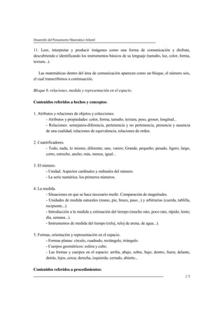 Desarrollo del Pensamiento Matemático Infantil
29
11. Leer, interpretar y producir imágenes como una forma de comunicación y disfrute,
descubriendo e identificando los instrumentos básicos de su lenguaje (tamaño, luz, color, forma,
textura...).
Las matemáticas dentro del área de comunicación aparecen como un bloque, el número seis,
el cual transcribimos a continuación.
Bloque 6. relaciones, medida y representación en el espacio.
Contenidos referidos a hechos y conceptos:
1. Atributos y relaciones de objetos y colecciones.
- Atributos y propiedades: color, forma, tamaño, textura, peso, grosor, longitud...
- Relaciones: semejanza-diferencia, pertenencia y no pertenencia, presencia y ausencia
de una cualidad, relaciones de equivalencia, relaciones de orden.
2. Cuantificadores.
- Todo, nada; lo mismo, diferente; uno, varios; Grande, pequeño; pesado, ligero; largo,
corto; estrecho, ancho; más, menos, igual...
3. El número.
- Unidad. Aspectos cardinales y ordinales del número.
- La serie numérica. los primeros números.
4. La medida.
- Situaciones en que se hace necesario medir. Comparación de magnitudes.
- Unidades de medida naturales (mano, pie, brazo, paso...) y arbitrarias (cuerda, tablilla,
recipiente...).
- Introducción a la medida y estimación del tiempo (mucho rato, poco rato, rápido, lento;
día, semana...).
- Instrumentos de medida del tiempo (reloj, reloj de arena, de agua...).
5. Formas, orientación y representación en el espacio.
- Formas planas: círculo, cuadrado, rectángulo, triángulo.
- Cuerpos geométricos: esfera y cubo.
- Las formas y cuerpos en el espacio: arriba, abajo, sobre, bajo; dentro, fuera; delante,
detrás, lejos, cerca; derecha, izquierda; cerrado, abierto...
Contenidos referidos a procedimientos:
 