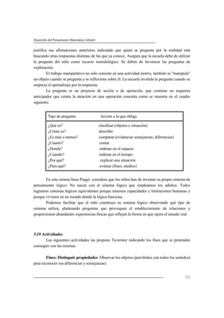 Desarrollo del Pensamiento Matemático Infantil
50
justifica sus afirmaciones anteriores indicando que quien se pregunta por la realidad está
buscando otras respuestas distintas de las que ya conoce. Asegura que la escuela debe de utilizar
la pregunta del niño como recurso metodológico. Se deben de favorecer las preguntas de
exploración.
El trabajo manipulativo no sólo consiste en una actividad motriz, también se "manipula"
un objeto cuando se pregunta y se reflexiona sobre él. La escuela invalida la pregunta cuando se
empieza el aprendizaje por la respuesta.
La pregunta es un proyecto de acción o de operación, que contiene un esquema
anticipador que centra la atención en una operación concreta como se muestra en el cuadro
siguiente:
Tipo de pregunta Acción a la que obliga
¿Qué es? clasificar (objetos o situación)
¿Cómo es? describir
¿Es más o menos? comparar (evidenciar semejanzas, diferencias)
¿Cuanto? contar
¿Donde? ordenar en el espacio
¿Cuando? ordenar en el tiempo
¿Por qué? explicar una situación
¿Para qué? evaluar (fines, medios)
En esta misma línea Piaget considera que los niños han de inventar su propio sistema de
pensamiento lógico. No nacen con el sistema lógico que empleamos los adultos. Todos
logramos sistemas lógicos equivalentes porque tenemos capacidades y limitaciones humanas y
porque vivimos en un mundo donde la lógica funciona.
Podemos facilitar que el niño construya su sistema lógico observando qué tipo de
sistema utiliza, planteando preguntas que provoquen el establecimiento de relaciones y
proporcionen abundantes experiencias físicas que reflejen la forma en que opera el mundo real.
3.19 Actividades
Las siguientes actividades las propone Tavernier indicando los fines que se pretenden
conseguir con las mismas:
Fines: Distinguir propiedades: Observar los objetos (percibidos con todos los sentidos)
para reconocer sus diferencias y semejanzas).
 
