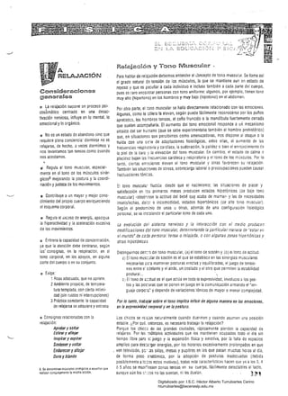 A ,
RELAJACBON
COl!1)s~de~ac50nes
genes-ames
D La relajación supone un proceso psi­
cosómático centrado en una desac­
tivación nerviosa, influye en lo mental, lo
emocional y lo orgánico.
I:l No es un estado de abandono sino que
requiere plena conciencia: dormirse no es
relajarse, de hecho, a veces dormimos y
nos levantamos tan tensos como cuando
nos acostamos.
r:í Regula el tono muscular, espeCial­
mente en el tono de los músculos sinér­
gicos8 mejorando la postura y la coordi­
nación y justeza de los movimientos.
e Contribuye a un mayor y mejor cono­
cimiento del propio cuerpo enriqueciendo
el esquema corporal.
JI Regula el ~xcaso de energía, apacigua
la hiperactividad y la aceleración excesiva
de los movimientos.
¡¡¡ Entrena la capaCidad de concentración,
ya que la atención debe centrarse, según
las' consignas, en la respiración, en el
tono corporal, en los apoyos, en alg una
parte del cuerpo o en su conjunto.
" Exige:' 

1 Ropa adecuada, Que no apriete. 

2Ambiente propicio, de tempera­

tura templada, con cierta intimi­
dad (sin ruidos ni interrupciones)
3 Práctica constante: la capacidad
de relajarse se adquiere yentrena
I.l' Consignas relacionadas con !a
relajación:
Apretar y sallar
Eslirar y aflojar
Inspirar y espirar
Sostener y sallar
Endurecer yaflojar
Duro yblando
8. Se denominan músculos sinérgicos a aouellos Que
realizan coniumamenle la misma acción.
Re~aAec~ón y TO!i1l0 Ma..nscu5ar .
Para hablar de relajación debemos entender el ¿oncepto de tono muscular. Se lIa(l1a así
el grado natural de tensión de los músculos, la Que se mantiene aun en estado de
reposo y que es peculiar a cada individuo e incluso también a cada parte del cuerpo,
pues es raro encontrar personas con tono uniforme: algunos, por ejemplo, tienen tono
muy alto (hipertono) en los hombros y muy bajo (hipotono) en el abdomen.
Por otra parte, el ¡ono muscular se halla directamente relacionado con las emociones.
Algunas, como la cólera la elevan, según puede fácilmente reconocerse por los puños
apretJdcs, los hombros tensos, el ceño iruncido o la mandíbula iuerte~ente cerrada
que suelen acom~añarla. El aumento del tono emocional responde a un mecanismo
arcaíco del ser hu:nano (que se sabe experimentaba también el hombre prehistórico)
Que, en situaciones que percibimos como amenazadoras, nos dispone al ataque o la
huida con una s:;~ie de adaptaciones fisiológicas, entre ellas, el aumento de 12s
frecuencias respiratoria y cardíaca, la sudoración, la palidez o bien el enrojecimiento de
la piel de la Car2 ! la elevación del tono muscular. En cambio, el estado de calma o
placidez bajan las frecuen::ias cardíaca y respiratoria y e! tono de los músculos. Por io
tanto, ciertas em9cíones elevan el tono muscular y otras favorecen su relajaCión
También las sítua:;!ones de stress, sobrecarga laboral o preocupaciones pueden causar
íluctuaciones tóni::as.
El tono muscu!a~ fluctúa desde que el nacimiento; las situaciones de piacer y
satisfacción en las primeros meses producen estados hipotónicos (de bajo tono
muscular) -obsér...,sse la actitud del bebé qu~ acaba de mamar- y las de necesidades
insatisfechas, dO!:Jí o incomodidad, 'estados hipertónicos (de alto t0l10 m:lscular).
Según el predom¡:lio de unas u otras, además de una configuración íísiológica
personal, se va ir.S-2Iando el particular tono de cada uno.
La evolución del sistema r1ervioso y la interacción con el medio producen
modificaciones 081 tono muscular; determinando la particular manera de <estar efi
el mundo' de cada persona: tensa o relajada, o con algunas zonashipenónicas y
otras hipotónicas.
Distinguimos den::C1 del tono muscular, (a) ei tono de sostén y (o) ei tono de aciltud.
2) El tono mus::Jlar de sostén es el que se establece en las sinergias musculares
necesarias pa:a mantener posturas erectas yequilibradas, el juego de tensio­
nes entre ei
adelante y el atrás, un costado yel otro que permiten la estabilidad
postural... "­
D) El tono de a::itud es el que actúa en toda la expresividad, involucra a los ges­
tos y las pos:uras que se ponen en juego en la comunicación armando el 'len­
guaje corpo~2.;' y depende de variaciones tónicas de mayor o menor complejidad.
Por lo lanlo, Irabajar sobre el lona implica influir de alguna manera en las emociones,
en la expre.sividad corporal yen la postura.
Los chicos se rs:ajan naturalmente cuando duermen y cuando asumen una posición
estable. ¿Por qus, sntonces, es necesario trabajar la relajación?
Porque los chiGc~ de las grandes ciudades, rápidamente pierden ia capacidad de
relajarse. Por Izs :-:1últiples actividades que los mantienen ocupados todo el día sin
tiempo libre paré s; juego y la expansión física y emotiva, por la falta de espacias
amplios para des::2.:gar energías, por los horarios excesivamente prolongados en que
. ven televisión, pG- :as sillas, mesas y pupitres en los que pasan muchas horas al dia,
de forma poco 2:latómica, por la adopción de posturas inadecuadas (debida
posiblemente atc:as estos motivos), todas esta características hacen que ya alos 3, 4
Ó 5 años se manf":;:sten zonas tensas en su cuerpo, tácilmenie detectables al tacto,
aunque aún los c:-:::;os no las sientan, ni les duelan. ] ~ ~
Digitalizado por: I.S.C. Hèctor Alberto Turrubiartes Cerino
hturrubiartes@beceneslp.edu.mx
 