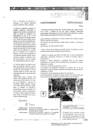1
COMENTARIOS
SOBRE LA ACTIVIDAD
er, relación con las
de la capacidad En segundo ciclo se completa el proce­
so de lateralización. Para ello es nece­
sario Que esté representado claramente
Con la posibilidad oe parcializar la
consigna a los distintos segmentos
(brazos, antebrazos, manos, etcéterá).
.la Adquirir la capacidad de relajarse en
distintas posiciones, continuando el
trabajo delcíclo anterior. La posición más
dHicil de trabajar en relajación es la
bipedestación ya que, al ser la más
inestable, exige una extremada concien­
cia y control del tono muscular, permi­
tiendo que los músculos sinérgicos inter­
vinientes actúen sín hipertonos o tensio­
nes en algunos lugares y que el peso de
los hombros se apoye descansadamente
sobre la parrilla costal. Pero esto se logra
recién en el ciclo siguiente, en la medida
Que en el segundo ciclo se trabaje la
relajación con los chicos acostados en
los óiferentes decúbitos (dorsal, ventral,
laterales), sentados, arrodillados senta­
dos sobre talones, y de pie, relajando
parcialmente algunas partes del cuerpo.
ll Como ya dijimos, los chicos de esta
edad han alcanzado suficieme madurez
del sistema nervioso como para iniciar el
dominio del tono muscular, lo 'que se
concreta recién en el tercer ciclo. ::sto
está relacionado con la madurez del freno
inhibitorio.
Anteriormente, tono y emoción iban
juntos. Con la posibilidad de salir de su
egocentrismo y de pone,se 'en el luoar
del otro comienzan a controlar·su
emotividad. Pueden entonces, iniciarse
en el dominio dei lona mUSCUlar, pueden
poner su atención en sensaciones
propioceplivas de peso o liviandad, en el
cuerpo parcial y global, en sensaciones
de apoyo y caídas, adquiriendo poco a
poco todos los elementos para
relajarse intencionalmente.
Ficha técnica
¡¡ível 2,
B!oque La gimnasia
Cnnlenidns toncepluales Sensaciones propioceptivas.
ConlenidB! pmcedimentilles Ejercitación de la percepción inlerior
variaciones del tono muscular.
Contenidos aclitudinalcs Reconocimiento, aóquisición y valorad:,n
de relajación relacionándola con el cuiead", de la salud
,.fi:
'c;,
ZO Ciclo
• Acostados en decúbito dorsal, elevar un brazo y dejarlo caer; luego lo mismo
con el otro, y también con los dos juntos. Registrar sensaciones
propioceptivas relacionadas con el tono muscular en la elevación y la caída.
Puede orientarse la atención de los chicos con consignas:
¿Qué diferencias encuentran en el brazo cuando estj elevado y cuando 

está en contacto con el suelo? 

¿En cuál de las dos posiciones sienten mayor tensión o contracción 

muscular? 

¿En qué luga: 6elbrazo sienten tensión? 

• Hacer lo mismo con la cabeza y las piernas. ExplOíar la elevación y la caída 

en diferentes pOSiciones con distintas panes del cuerpo. 

• Registrar íos apoyos que están en contacto con el suelo; representarlos 

mentalmente. Nombrarlos. Grafisarlcs. Lo mismo en decúbito ventral y 

decúbito late:,,'. 

Comparar y señalar diferencias y similitudes entre las dos mitades 

longitudinales del cuerpo y entre los gráficos óe los compañeros y el propio. 

Ejemplos de consignas: 

¿Sienten los 2pOyOS de su cuerpo en el suelo? 

¿Son capaces de dibujarlos? Comparen sus dibujos con los de los 

compañeros' ¿pueden a:;ostarse apoyando las mismas panes que el/os? El 

compañero corrobora. 

El apoyo de la pierna izquierda ¿es igual al de la derecha? 

¿Las dos mitades de la espalda se apoyan íguaf? ¿Ylos brazos? ¿Por qué 

creen que eccuentran diferencias de apoyo entre fas dos mitades? 

el eje longitudinal Que divide el cuerpo
en dos mitades simétricas. . 125
Digitalizado por: I.S.C. Hèctor Alberto Turrubiartes Cerino
hturrubiartes@beceneslp.edu.mx
 