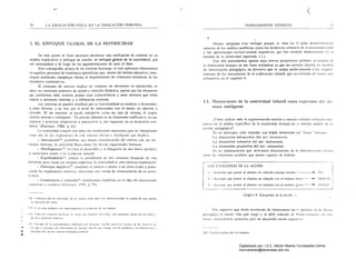 30
...­
LA EDUCACiÓN FíSICA EN LA EDUCACIÓN PRIMARIA
2. EL ENFOQUE GLOBAL DE LA MOTHIClDAD
En es!e punto se hace necesario encontrar una unificación de criterios en un
modelo explicativo o enfoque de eSludio: el enfoque glubal de la fIlulricidad, que
nos acompaliad a lo largo de J;¡s argumentaciones de lodo el libro,
EMa concepción, propia de las c;iencias humanas. se est¡í aplicamJo últilllamcllle
en aqueJlo~ procesos de cnseiianza.aprendizajc que. dentro del ámbito educativo. cons­
tituyen realidades complejas debido al requerimiento de relaciones dinámicas dc los
elementos conslillllivos,
El conceplo de sislel11~ illlplica un conjunto de elementos en il1leraccíón. es
decir. en continuos procesos de acción y reacción dinámica. puesto que los elementos
quc confomlan lodo sistema poseen unas caractcríslÍcas y unos atributos que están
sujetos a tensiones iUlemas y a inOuencías ex temas,
los sistemas se pueden clasificar por su funcionalidad en estáticos y dinámicos:
y estos últimos, a su vez. por el nivel de intercambio con el medio. en abienos y
cerrados, El ser humano ,e puede interprcwr C,)1ll0 un tipo de síslema, el mayor
~isle!ll;¡ abierto e inleligente. "Es preciso ahondar en su dimensión codificativa. en sus
:¡S¡lCeIOS y procesos adaptativos y proycclívos y, p~lr supucsto, cn su dimensión eV()­
IUlia" (Maníllt~z, 1986, p 44),
La mOlricidad cumple cen todas las comliciolles ncce~arias para ser interpretada
"11111" Ima ,k I;¡s <'~I'Il'si"'I<'S de <,SIc ~iSll"lll:1 ahit'llo l' inldi,,"III' que
- Inlc¡':lCchín It,: posibilitar ulla lIlayor COtllllllicacitín del ,¡steula COII sus dc­
fIIelllOS interno,; la activi,i;]d física ¡¡Itera las dCIIl:ís c:lpacitladcs humanas,
i'dorfo¡.:éncsis I7: facilitar.:l dcs;!fTI)i1o )' la btÍ.sqllcda dc lIlIa ronna perfecta:
la lIIotriddad ayuda a la cl¡olucilin infantil.
E'luifinaliJad"': ofrecer I;l ro~ibilid;¡d de una continua búsqueda de vías
dii"crcnlCS para tr;tzar sus propios onjetivo~: la Illolricidad es lIna continua e.~plorat:ió!l,
- Enlropía ncgali"a'~: ayudando:tI ,istcnla a lcnder a UIl cicftll orden y potCIl­
<"Íando las exprcsione~ rnnlt iccs, ofrecemos una IOrlna dc estructuración de su pcrso­
I1,ilidaó,
COfl$<:Ícncia ~' creaci<in'!l; cnmliciollcs il11plícitas en la idea del movimiemo
cOIL<,iclllC y nealivo (iI"lImo, 11):'9. p 79),
I()I 	 ('ualíluic-ra dc 10:0:; C!CfHl;ruo.¡ tlé UI1 SI!l'fll;l ,¡ene que C,I;tr ínICrCOIll'CI;ulo: el cambio de UIlO SUpOfle:
;¡]Icc¡cillll tic In(!o.s
1; 7} El 'd"!cm~1 produce una ;HlfO;ld:1p!~I(IÓII y evo!uelón de tonn.l~"
!~{¡ 	 Todo 1(1' q,tema;;; akafll;m !11(~';1:- pnr C;HlI¡f1(l~ dd"¡t'ulC'i. 'ion on~in:lk'í dOlf(o de un ordcn y
de II!W' ('fPcc..;n..; CiHHtl!ll'"
t.
f 	
(
FUNDAMENTOS TEÓRICOS
~--------
..
Hel11o~ adoptado este enfoque porque se sitúa en el pulo di,,,uetr,lImcnlc
opuesto de los anál'i~is analíticos. como las lendencias ulilitari:ls de la psicul1lotrici,bd
y los aprendizajes e,~dusivall1eJ1lc deportivos, que han incidido notoriamente en el
estudio tic la motriddad (aparlado 1.1.).
Con ello pretendemos ¡tportar unas nuevas perspectivas globales al e,~tudio de
la f!1olricidaú humana en sus fases evolutivas ya que nos permite diseiiar un modclo
de intervención pedagógica no directivo que se adapw perfenamente a lo:. requeri­
mientos de los mecanismos de la e,~plor:lCió.l infantil. que Sc¡;j'lratado de (onu;¡ fll'í:,
exhausliva cn el capítulo 4,
2.1. 	 Dimensiones de la lIlotdeidad infantil COIllO expresión del sis­
lellla inteligente
¿Cómo aplicar toda la argulllcIl;¡cióll anlerior a nuestra rcalitlad c()tidialla edu,
cativa en el ámbilo específico de la rnotricidad incluida en ti sentión ampl¡o elc
acción pedagógica? '
En un principio. cahe enlcnder una triple dimcns¡tÍu ,:d "'hacer" hUlIlano: 

1,:1 dillH'nsitÍn iJl(rrI.·..·,:tÍl·(/ del ~cr: rcr<lf:o,'a,I', 

La dimensión e;rtellsi"a del scr: il/teractuar. 

La dimcnsión pmyectil'a del ser: comunicar. 

Es un plante~H!licnto que derív~lIl1os directamente dc la dircn:nci~c¡úl! ,¡,;sic, 

entre 	las tliferclIICS ,lccíoncs que somos capaces de rcalíz¡¡r:
LAS c,.TEGORíAS DE LA ACCiÓN
1,- Acciones que ponen al alumnu en n:lad6n t:'oll.:·ágo mislliO ------ ....... YO
~ ,·ccíones que pOllen al ulunllllJ en relación con el entomo f¡,ico - - - OUJ [TO
J, - tLcioflC~ qtH.~ ponen :d .:llumno en rclaci6n con el entorno ~i"'l'I;j1 ---....... UTl()S
(f/"{íjl,.." 9: CUll'gtlritl.l lit- /a IItTúíll, •
Por supuesto qut! dicha nivelación de dimensioncs no S'~ produce ni dc forma
sino que surge y se debe cllIcntler dc f"r1l1;' conjunl:l, en una
llct:csal"Ía para UIl desarrol lo ml)l~>r cquilall 'P,
lint'al.
(I')) PrUlój,ío de 1; !cnl1lldill;ill1lCI tI!ilit:¡do ¡>;Ir;, dCO'Htll;l{ ;:'llldto'i IHOt:c';o,,; (011:(1)0"; dt' lo~ <;;iqc:n:l', en
... In..; que (' !lfndUCé un illlt.'TCJf,hlo de cnersi;¡ ¡nlcEllo IItl!' 10111¡x: (Ol! 1:1 fendcJH:í;l .1 1.1 de~lruCl'Hín
... tlc,,;oflten del fTll.!lHl 'i~IClIl<I lentropia po.;ili'a), (!O¡ F;u.:tfll;ld prnrí3 ocJ ..cr IUIfUJfn.
;)
Digitalizado por: I.S.C. Hèctor Alberto Turrubiartes Cerino
hturrubiartes@beceneslp.edu.mx
 