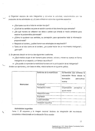 e) Organizar equipos de seis integrantes y cornentar la 2ctividad, relacionándola con los
productos de las actividades a) y b) para reflexionar sobre los siguientes aspectos:
• 	 ¿Qué pasa cU2:'i1do al lobo le vendan los ojos?
• 	 ¿Cuál de los sentidos se pone en acción cuando el lobo tiene los ojos cerrados?
• 	 ¿De qué manera se utilizaron los datos o pistas que ofrecía el medio ambiente para
resolver la problemática planteada?
• 	 ¿Cómo le ayudaron sus sentidos, su percepción, para aprovechar toda la información
proporcionada?
• 	 Respecto al cordero, ¿cuáles fueron sus estrategias de esquivación?
• 	 Tanto en el lobo como en el cordero, ¿se puede hablar de un movimiento inteligente?,
¿porqué?
2. En plenaria discutir en torno a las siguientes cuestiones.
• 	 ¿Qué medios ocupa el ser humano para conocer, valorar y mover su cuerpo en forma
inteligente en un espacio y un tiempo específicos?
• -¿Se puede comprender la motricidad humana sin la participación de la inteligencia?
Anotar sus opiniones y, con base en ellas, relacionarlas en el siguiente gráfico.
I Ambitos de la motricidad !Contenidos
~~~~-
que enfatiza la
Ieducación física desde la
formación perceptivo-
motriz
Motricidad Flmci, ti
Perceptivo-motriz Organización perceptiva
ajuste motor
Psicomotricidad
Expresión
Ludomotricidad
I
Iniciación deportiva I
I ~ __M_. J
Actividades sugeridas
Tema 1. El esquema y la imagen corporal: factores
consciente e intencionado en fa educación física escolar
de integración del movimiento
13
Digitalizado por: I.S.C. Hèctor Alberto Turrubiartes Cerino
hturrubiartes@beceneslp.edu.mx
 
